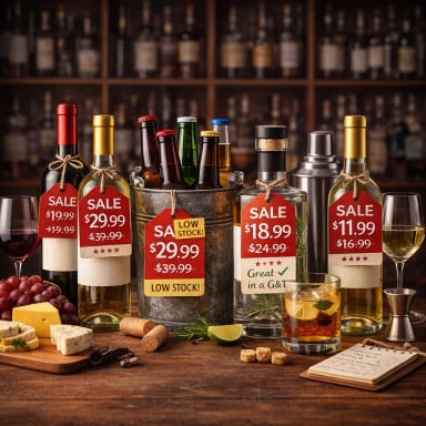 Display of alcoholic beverages on sale in a rustic bar setting