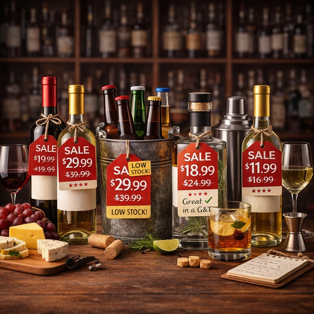 Display of alcoholic beverages on sale in a rustic bar setting