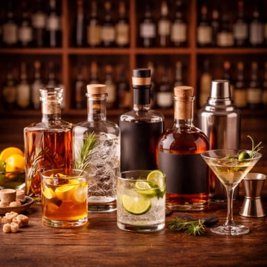 A collection of various cocktails and spirits on a bar.