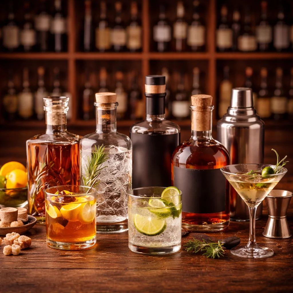 A collection of various cocktails and spirits on a bar.