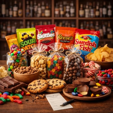 Candies and snacks assortment on a wooden table