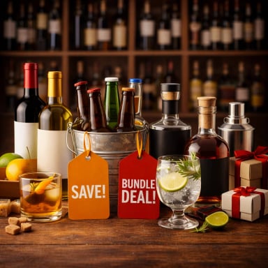 An arrangement of alcoholic beverages with promotional tags.