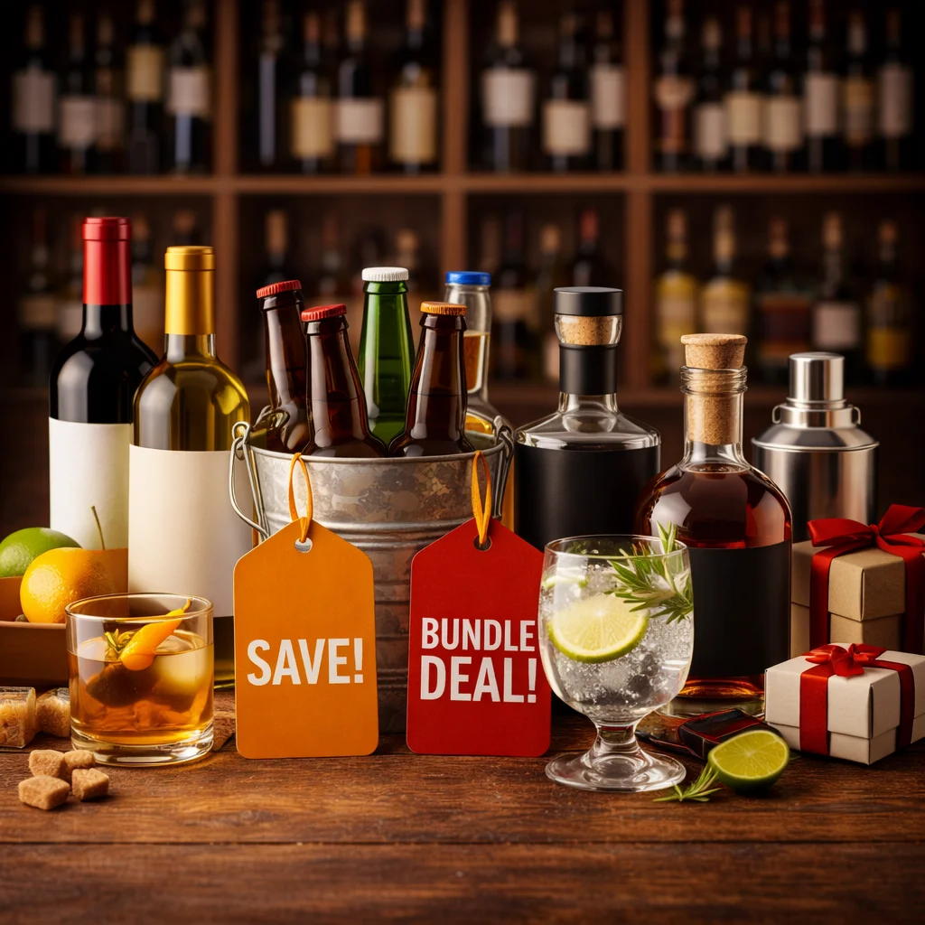 An arrangement of alcoholic beverages with promotional tags.