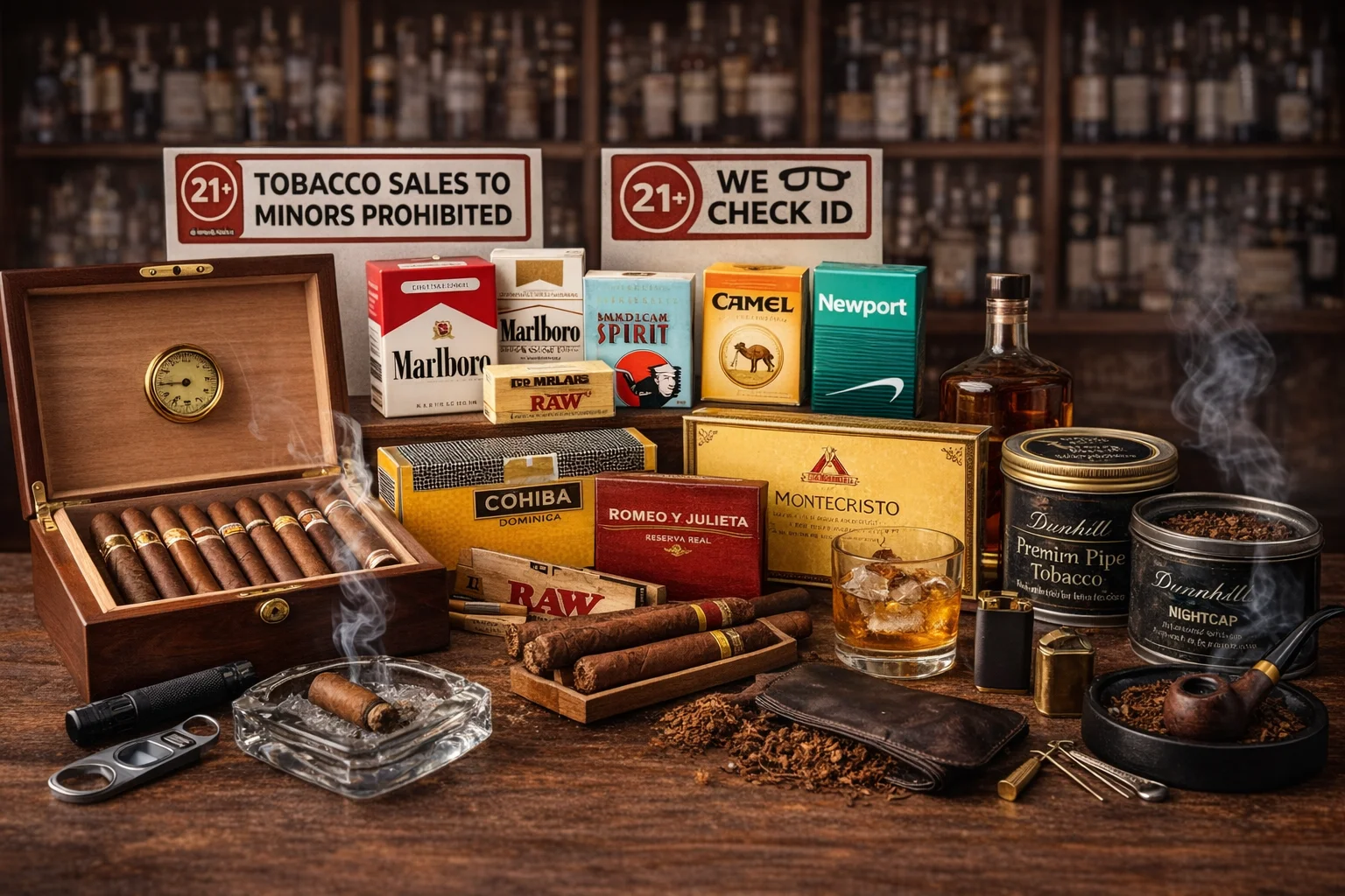 Cigar and tobacco products on a wooden table