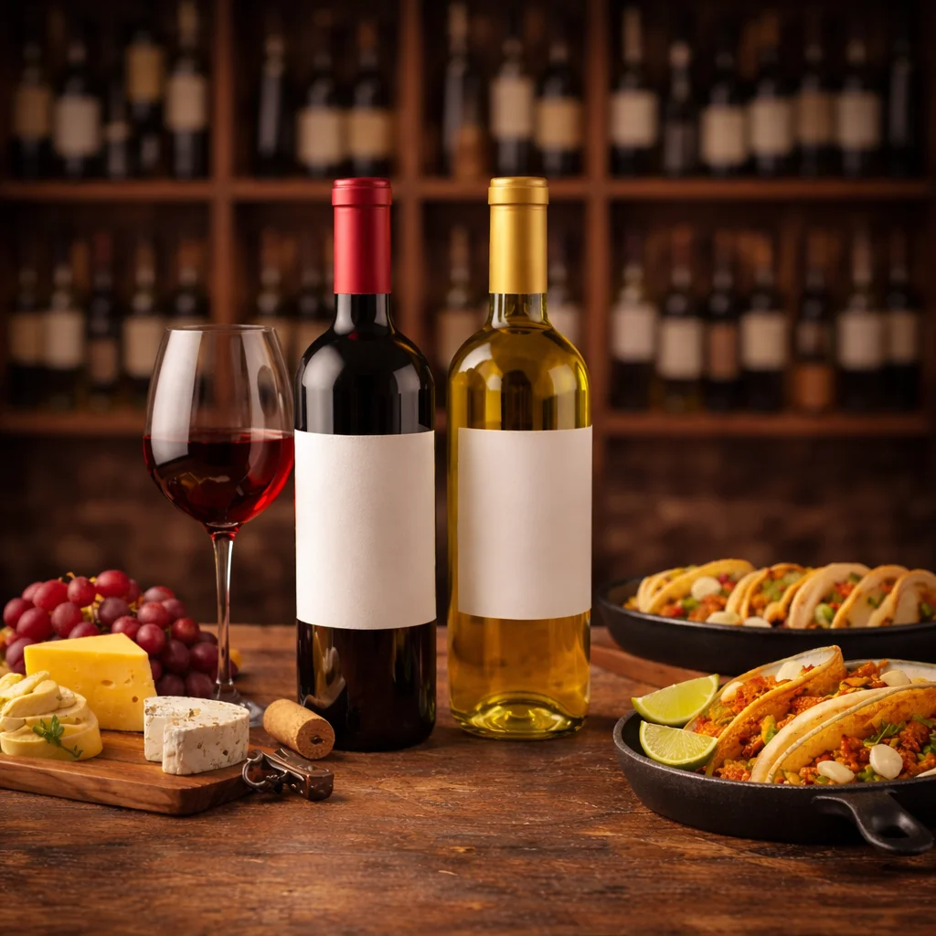 Two wine bottles, a glass of red wine, cheese, grapes, and tacos on a wooden table.