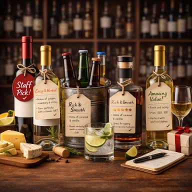 Selection of gourmet beverages with tags and appetizers.