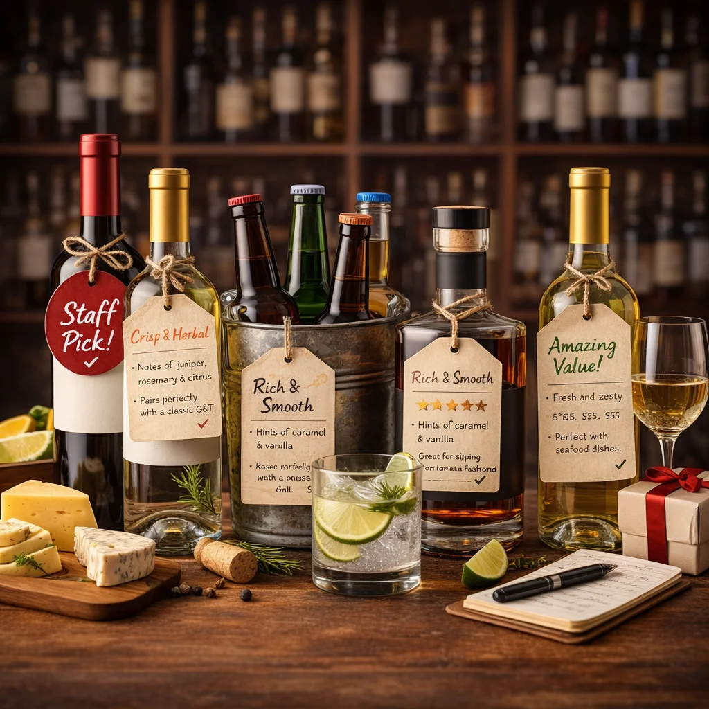 Selection of gourmet beverages with tags and appetizers.