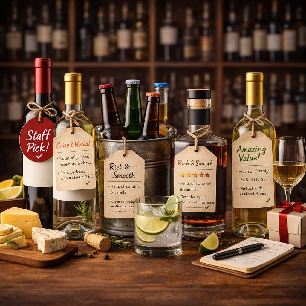 Selection of gourmet beverages with tags and appetizers.
