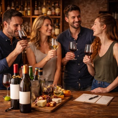 Group of friends enjoying wine tasting at a bar