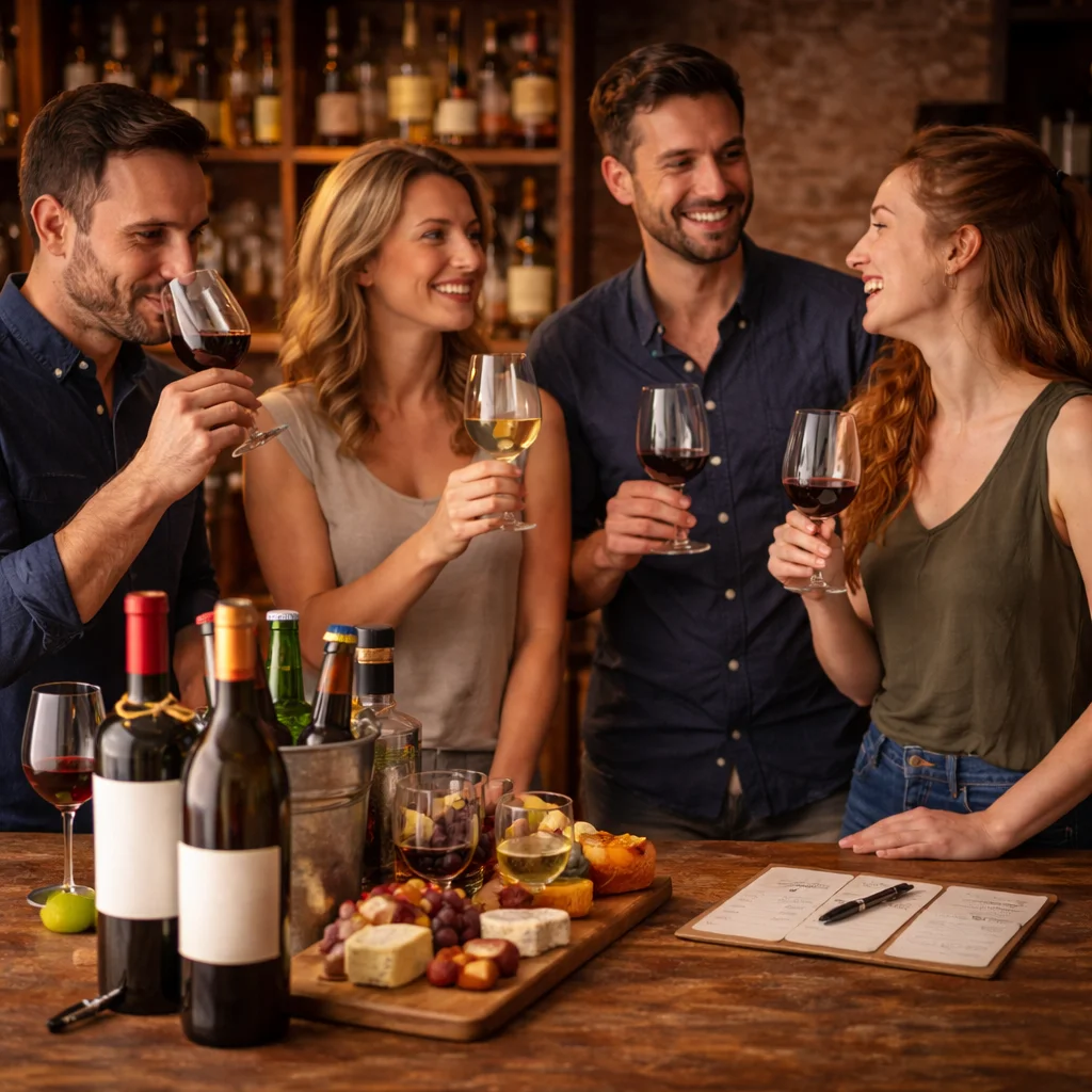 Group of friends enjoying wine tasting at a bar